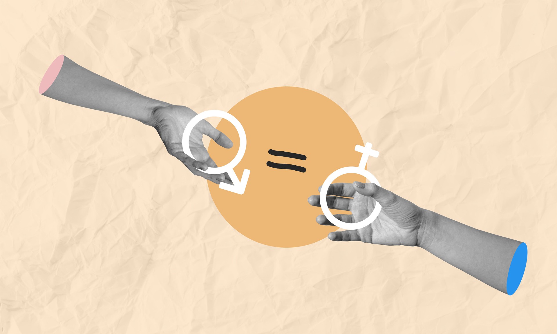 Contemporary art collage. Hands holding male and female gender signs symbolizing equality, isolated on yellow background.
